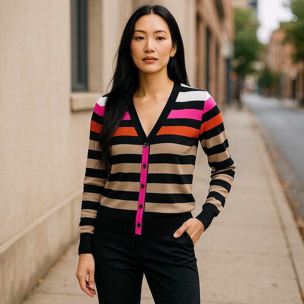 Katherine Barclay Womens Cardigan Sweater Pink Orange White Black NEW M‎